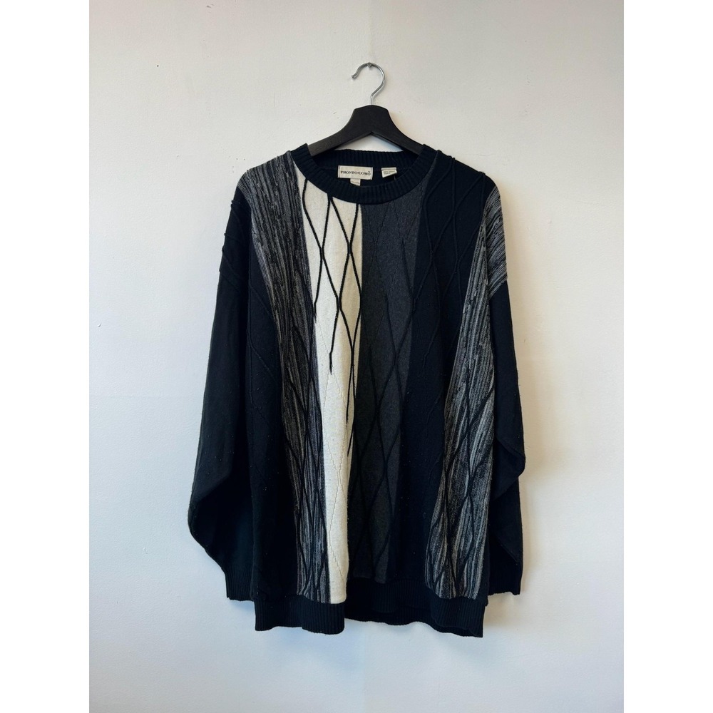 Pronto Uomo Sweater XL Black Gray White Abstract Knit Crewneck Made USA 3D Knit‎